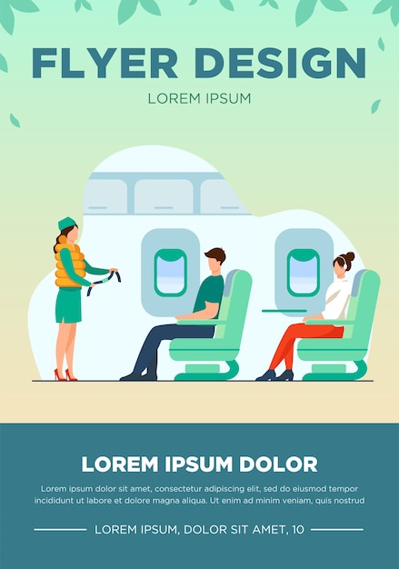 Free Vector flight attendant explaining safety instructions. passenger, airplane, belt flat vector illustration. travelling and vacation concept for banner, website design or landing web page