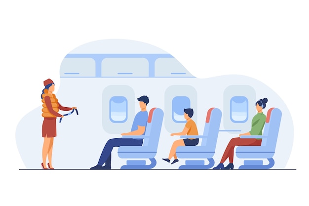 Free Vector flight attendant explaining safety instructions. passenger, airplane, belt flat vector illustration. travelling and vacation concept