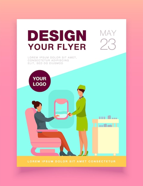 Free Vector flight attendant giving water to female passenger flyer template