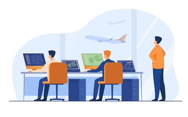 Free Vector flight control center isolated flat vector illustration. cartoon airport command room or tower for fly track controlling.