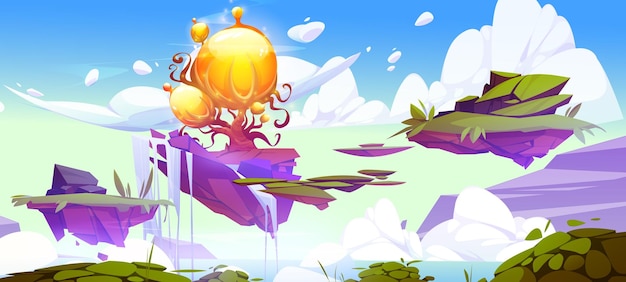 Free Vector floating islands with magic tree in sky