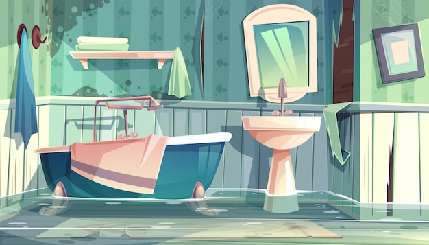 Flooded bathroom in old apartments or house cartoon illustration with vintage bathtub