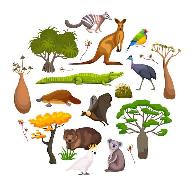 Free Vector flora and fauna of australia flat round composition with wild animals birds and exotic plants vector illustration