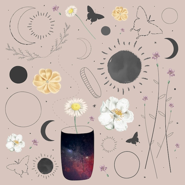 Free Vector floral and astronomical element collection design vector