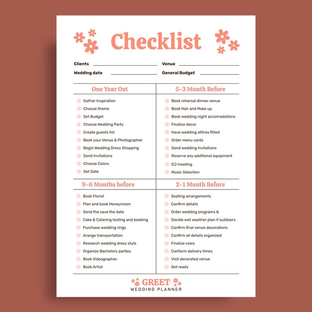 Floral bridal greet wedding planner checklist