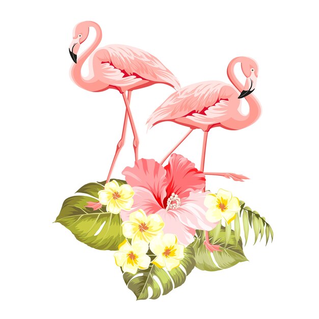 Floral exotic natural decoration. Safary summer background with Tropical leaves silhouette, blooming plumeria flowers, and flamingo birds.