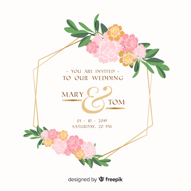 Floral frame wedding invitation in flat design