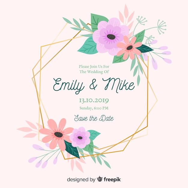 Floral frame wedding invitation with flat design