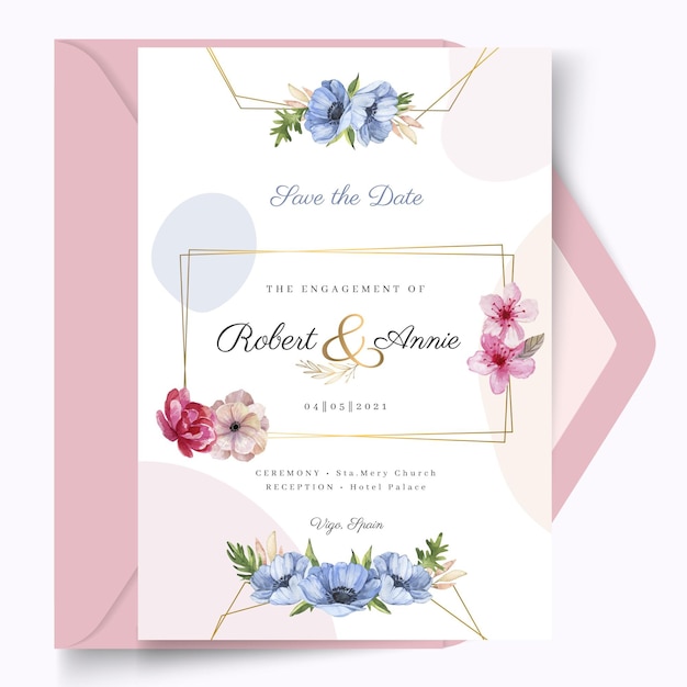 Floral golden frame wedding card