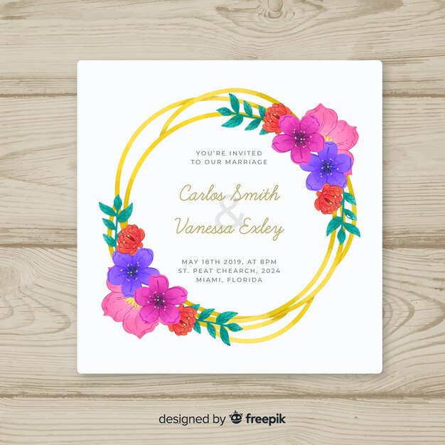 Floral golden frame wedding invitation