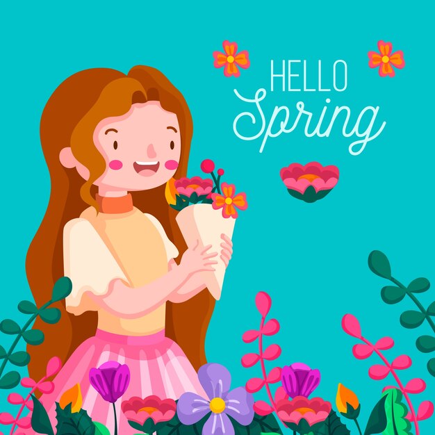 Floral hello spring background with girl