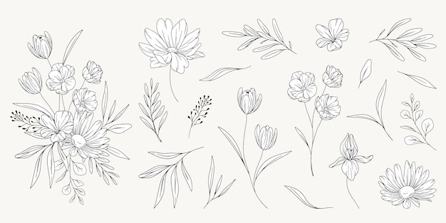 Floral line art flat design stickers