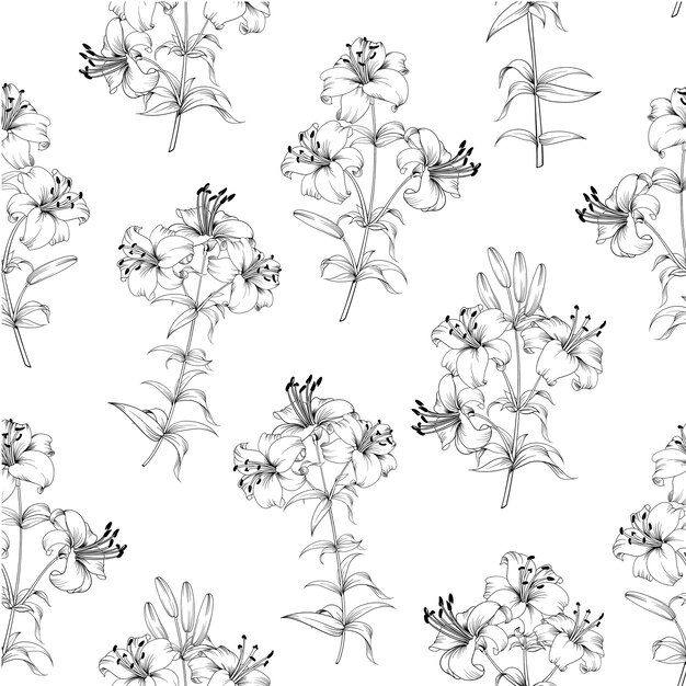 Floral seamless pattern. Blooming lilies on white background.