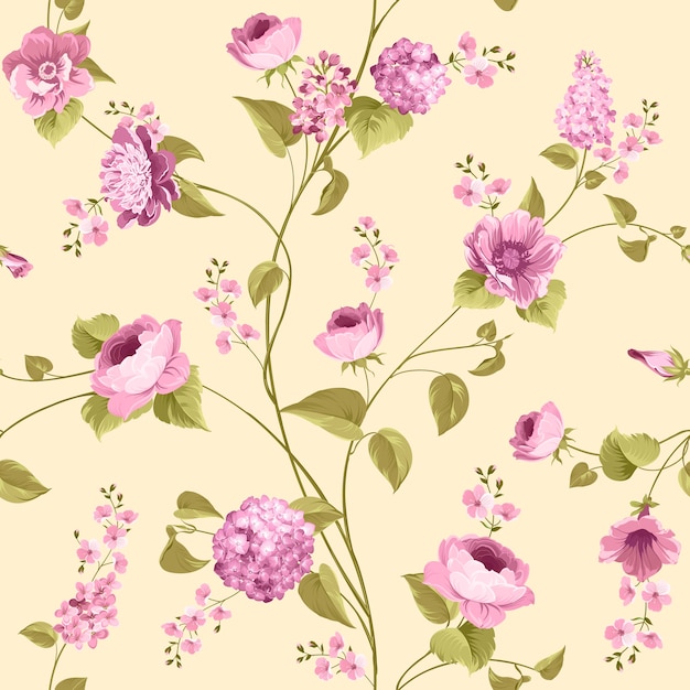 Floral seamless pattern. Blooming roses and lilac on pink background.