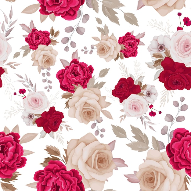 Floral seamless pattern of brown and maroon roses and leaves arrangements