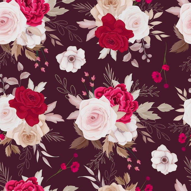 Floral seamless pattern of brown and maroon roses and leaves arrangements