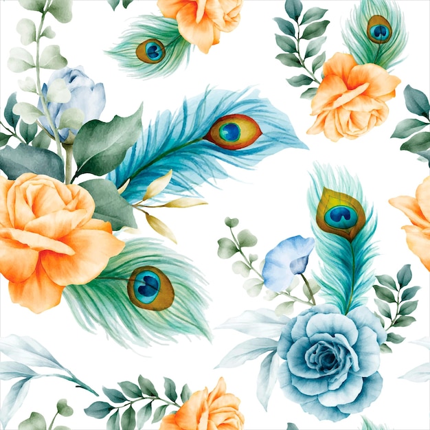 Free Vector floral seamless pattern with beautiful rose flower and peacock feather