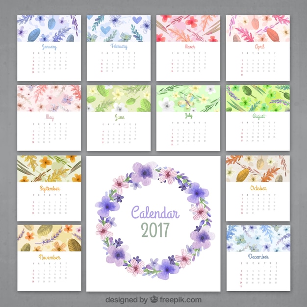 Free Vector floral watercolor calendar of 2017