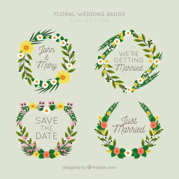 Floral wedding badges collection with wreath of flowers