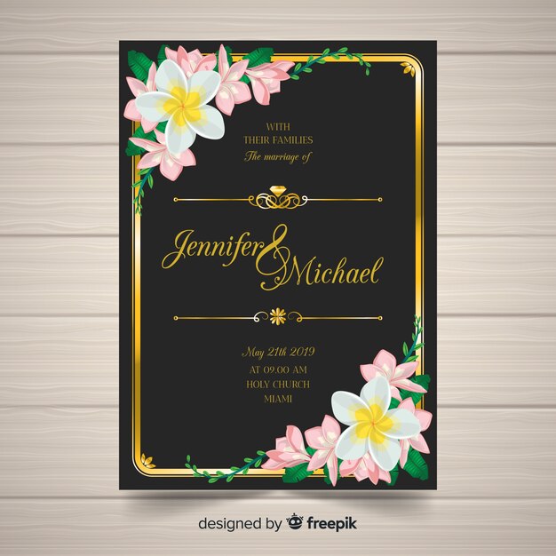 Floral wedding card template with golden frame