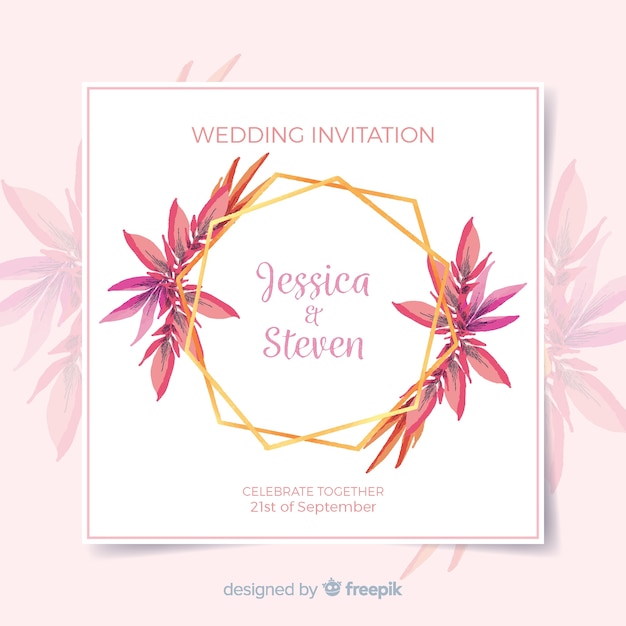 Floral wedding invitation card with golden frame