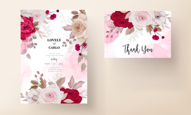 Floral wedding invitation template set with brown and maroon roses flowers and leaves decoration