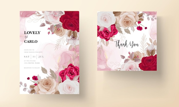 Floral wedding invitation template set with brown and maroon roses flowers and leaves decoration