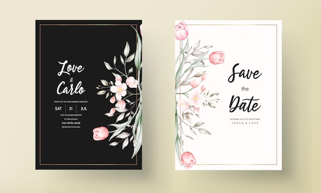 Free Vector floral wedding invitation template set with brown and peach flowers and leaves decoration