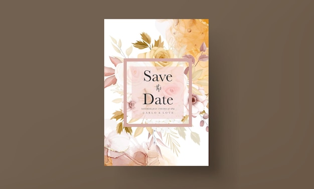 Floral wedding invitation template set with elegant brown flower leaves