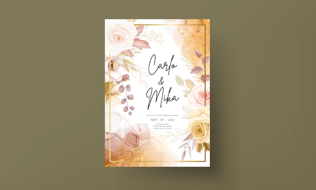 Floral wedding invitation template set with elegant brown flower leaves