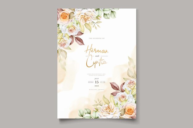 Floral wedding invitation template set with elegant brown leaves