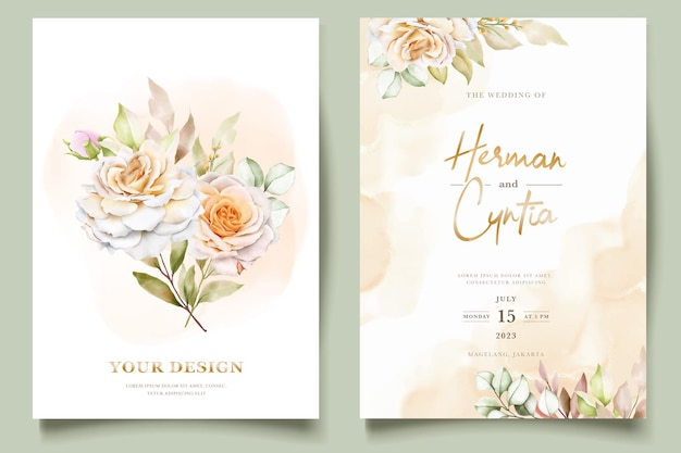 Floral wedding invitation template set with elegant brown leaves