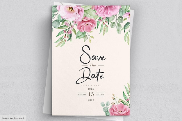 Floral wedding invitation template set with pink roses flowers and leaves