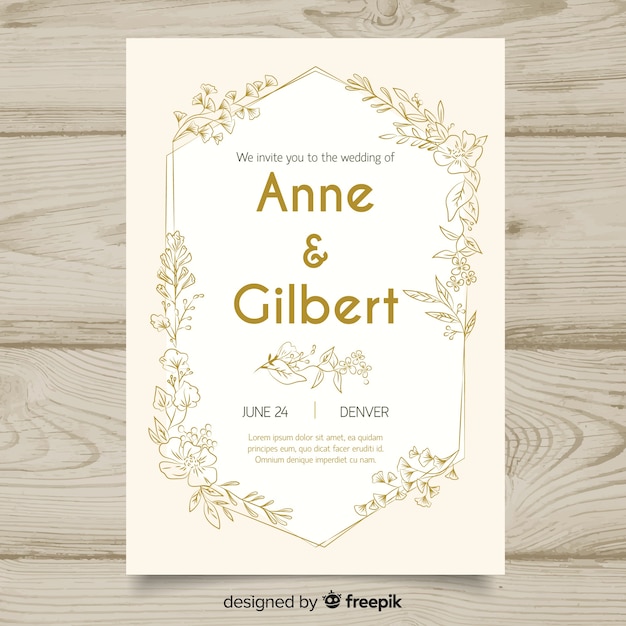 Floral wedding invitation template with golden design elements