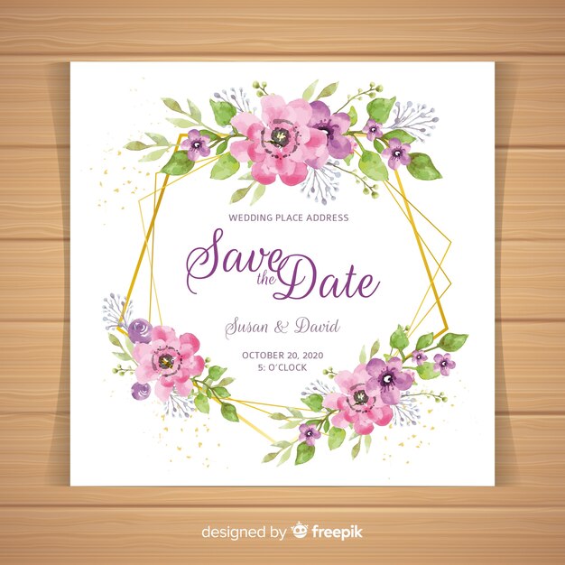 Floral wedding invitation template with golden design elements