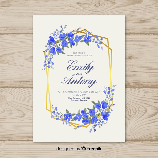 Floral wedding invitation template with golden elements