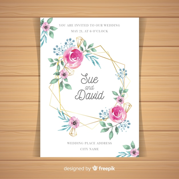 Floral wedding invitation template with golden elements