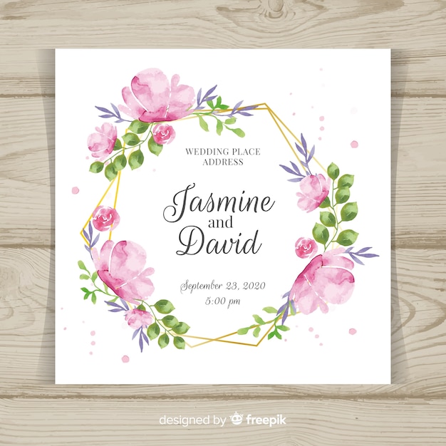 Floral wedding invitation template with golden frame