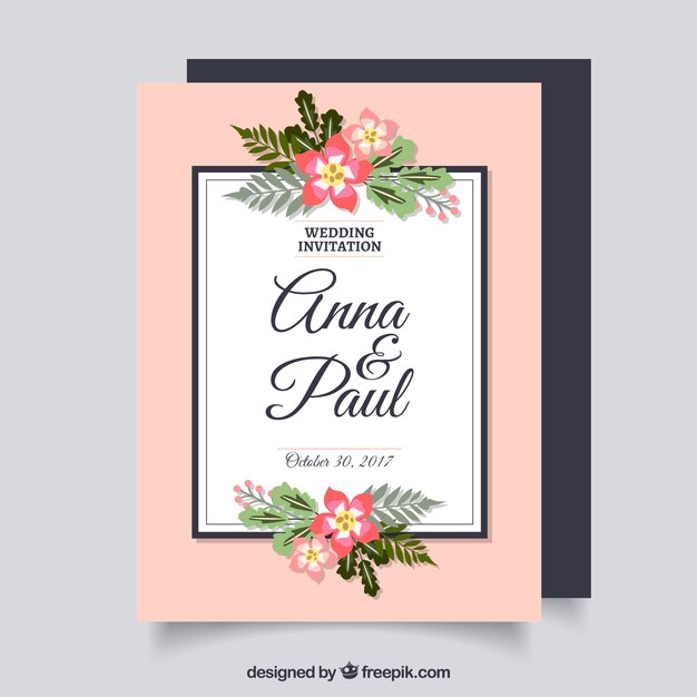 Floral wedding invitation with flat design