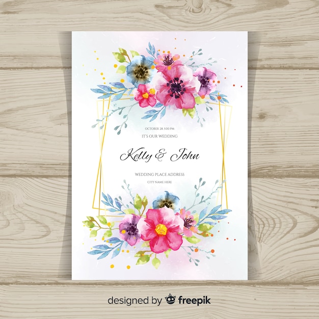 Floral wedding invitation with golden frame