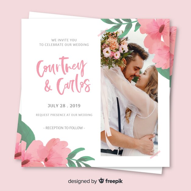 Floral wedding invitation with photo