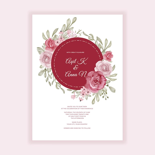 Floral wedding invitation with pink and burgundy decoration