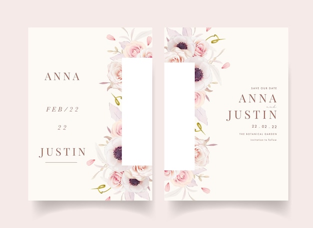 Free vector floral wedding invitation with watercolor pink roses and anemones flower