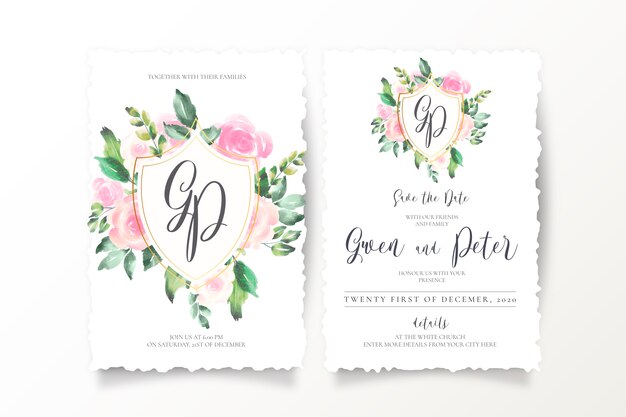 Floral wedding invitations with emblem and monogram