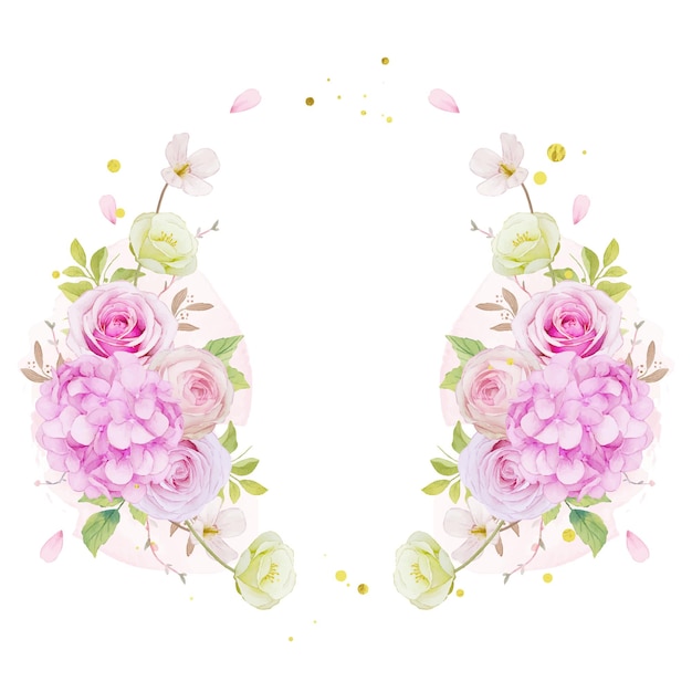 Free Vector floral wreath with watercolor pink roses and blue hydrangea flower