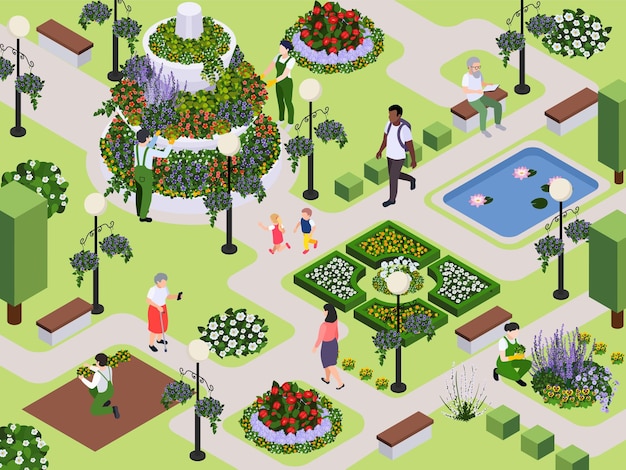 Free Vector florist city event flower decoration isometric composition with outdoor view of garden with visitors and gardeners vector illustration