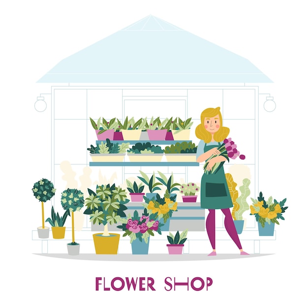 Free Vector florist seller flowers shop composition with view of kiosk with flowers on shelves and female character 