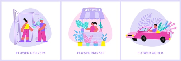 Free Vector floristry set with three flat compositions of text captions and human characters carrying and selling flowers