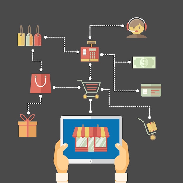 Free Vector flow chart showing web purchases with man holding tablet linked to shopping cart