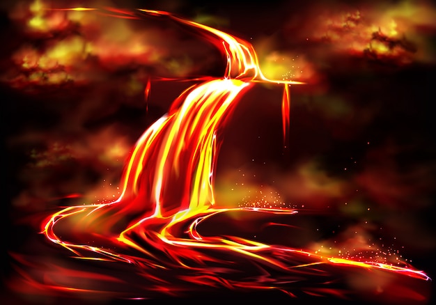 Free Vector flow of hot fluid lava, clouds of poisonous smoke and ash, toxic gases explosions 